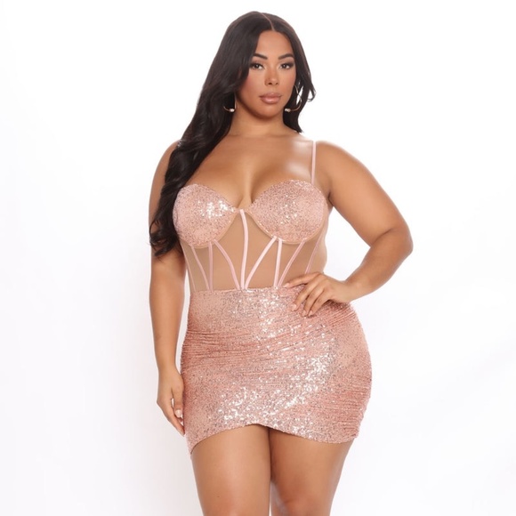 Plus Size Rose Gold Sequin Mini Dress - Picture 1 of 5